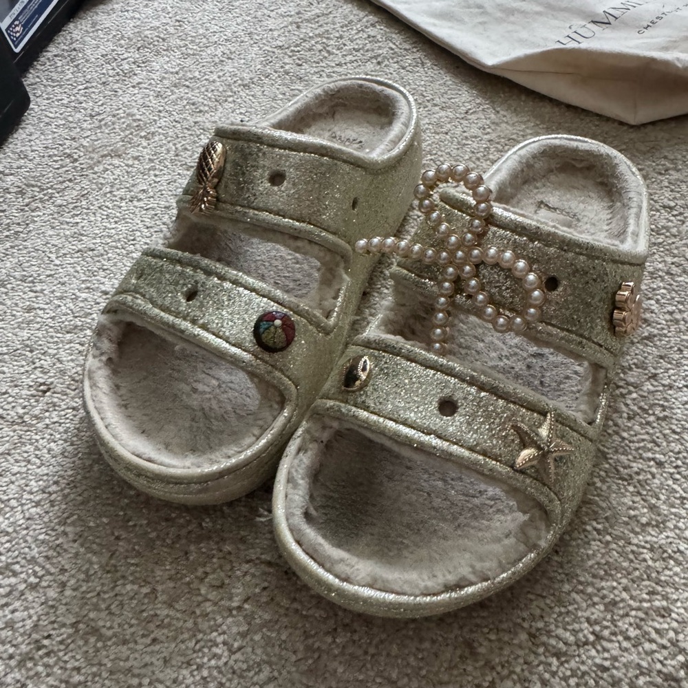 CROCS Kids Girls Glittery Gold Sandals with Charms